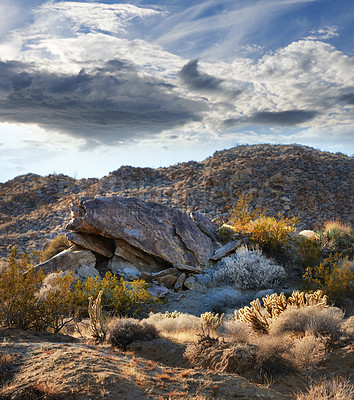 Buy stock photo California, desert and landscape with view, enviroment and blue sky for travel or tourism. Nature, mountain and land for cactus, scenery and usa sunshine with summer weather and outdoor harmony