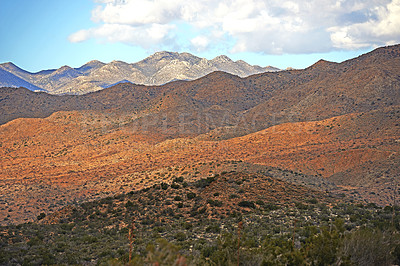 Buy stock photo Landscape, mountain and countryside with nature or  conservation, sustainability and environment in Texas. Dry land, grass and drought for adventure, travel and tourism with hiking or camping