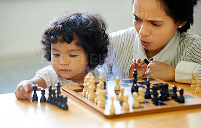 Buy stock photo Mother, girl and chess play fun for learning growth, development challenge or bonding time. Child, woman or board game for problem solving intelligence or kids lesson, planning knowledge or education