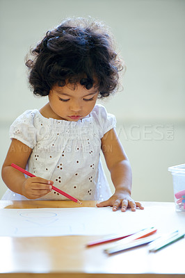Buy stock photo Young girl, drawing and classroom for creative development, education growth in kindergarten. Child, daycare and table pencils artwork for learning play in school or paper crayons, kid craft or color