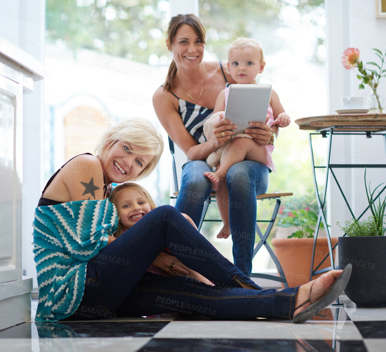 Buy stock photo Portrait, lesbian parents and love with children, adoption or affection in family home by bonding together. Female people, partner and pride in house, lounge or apartment on weekend for lgbt marriage