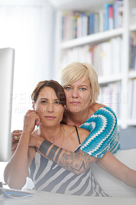 Buy stock photo Portrait, hug and lesbian couple in house for love, support and marriage together. Face, lgbtq and gay women embrace in home office for connection, loyalty and care for relationship in living room