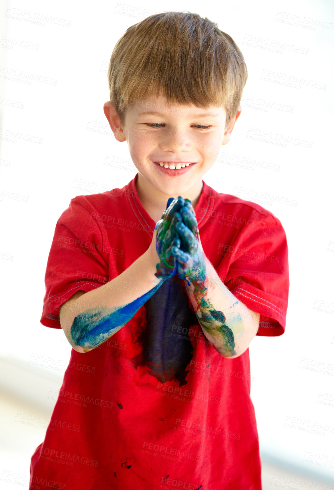 Buy stock photo Smile, hands and paint with a boy child at school for art, creative or education as a young student. Children, learning or painting and a happy kid learning how to mix color with messy creativity