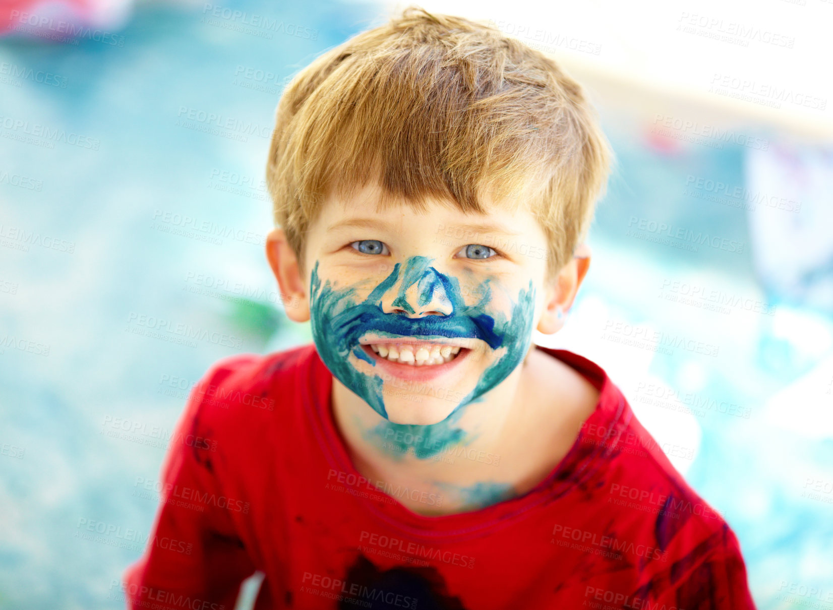 Buy stock photo Children, paint and smile or playing portrait, happy boy in preschool or childhood and fun. Educational development, mess for face painting for art activity, colorful and child growth in kindergarten