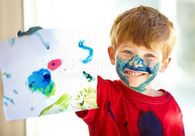 Buy stock photo Children, paint and paper or portrait with art, happy and boy in preschool for childhood fun. Educational development, smile and finger or face painting with kid, recreation and activity for growth