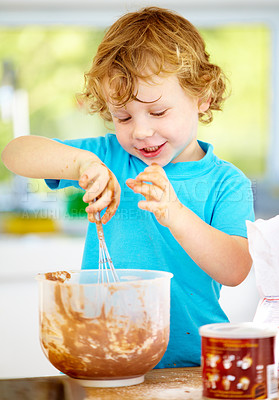 Buy stock photo Baking, happy kid and learning in kitchen in home for development, education or make chocolate pastry. Smile, child and mixing dough, flour and cooking food at table for breakfast in the morning