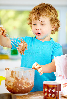 Buy stock photo Boy, bowl or whip in fun, baking or idea of learning, meal prep or development as growth milestone. Male child, dessert or chocolate as wellness, nutrition or playful holiday activity in kitchen