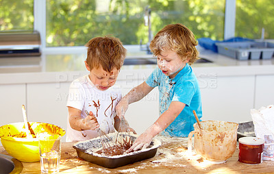 Buy stock photo Baking, children and messy friends in the kitchen together, having fun with ingredients while cooking. Kids, food and bake with naughty young brother siblings making a mess on a counter in their home