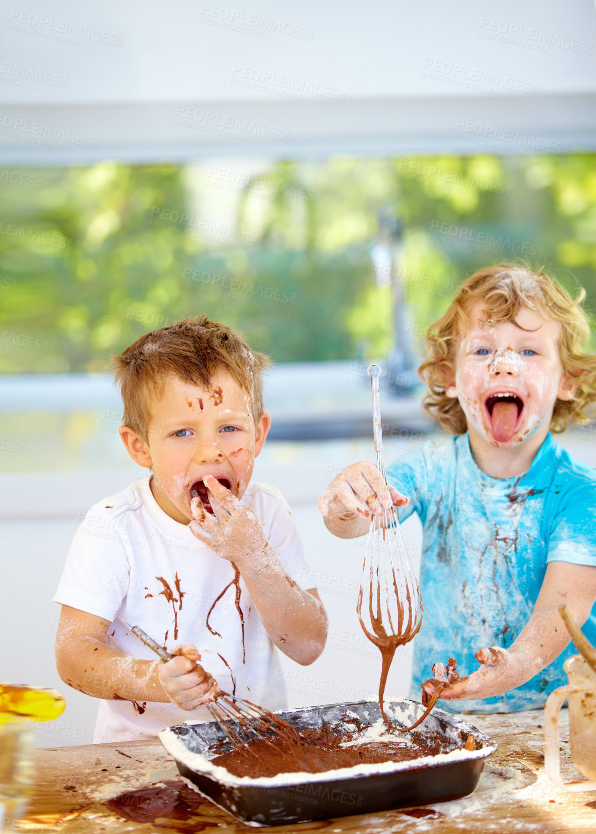 Buy stock photo Portrait, baking and children with messy friends in the kitchen together, having fun with ingredients while cooking. Kids, food and bake with naughty brothers making a mess on a counter in their home