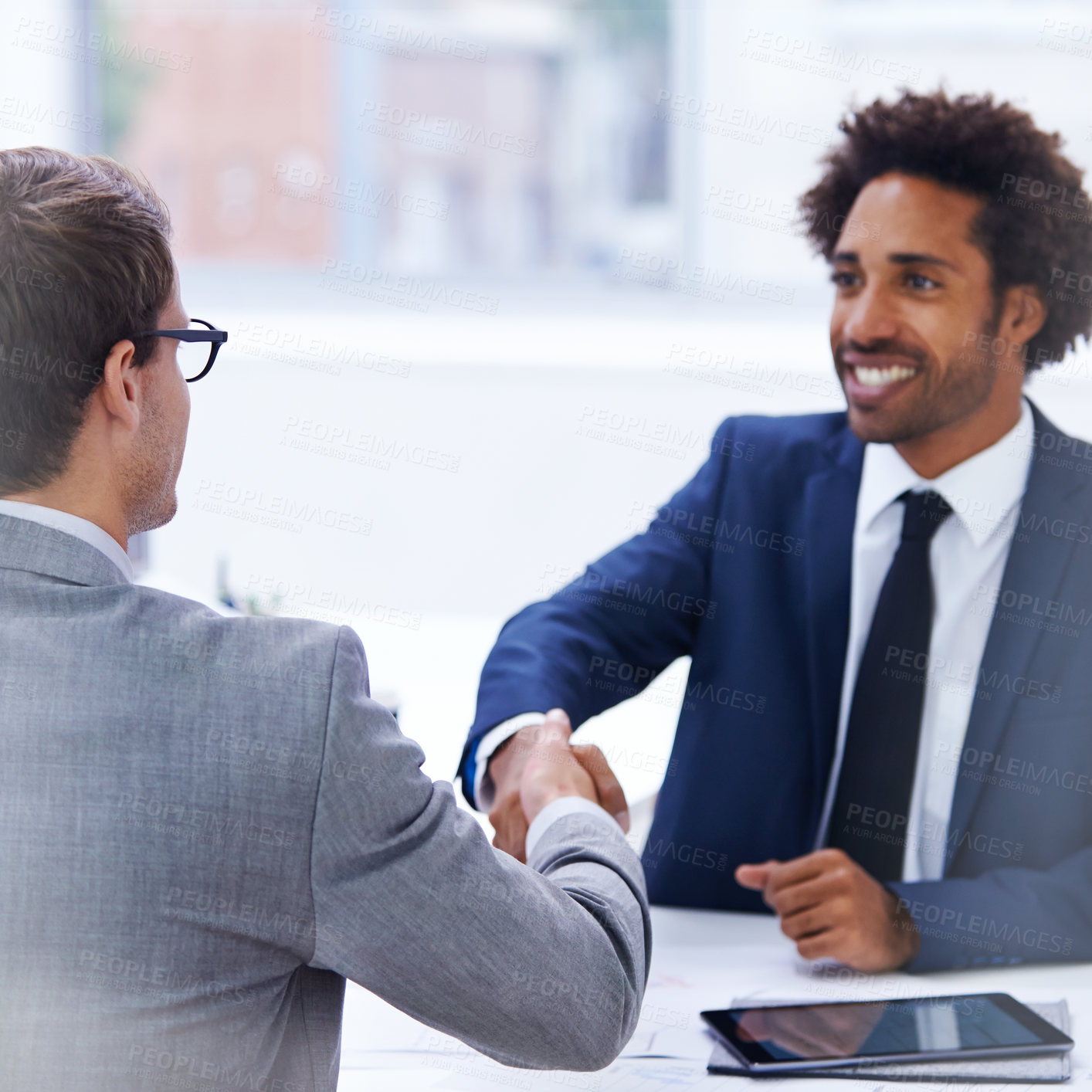 Buy stock photo Men, handshake and office for welcome with partnership or  congratulations on business deal and opportunity. Meeting, thank you and success with support or agreement for teamwork and collaboration