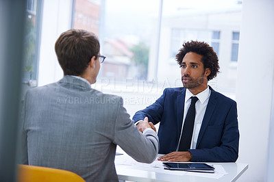 Buy stock photo Business, man and hand shake at office for welcome with partnership or congratulations on corporate deal. Meeting, thank you and opportunity with support or agreement for teamwork and collaboration