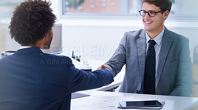 Buy stock photo Partnership, man and smile with handshake at office for welcome with congratulations on business deal. Meeting, thank you and opportunity with support or agreement for teamwork and collaboration