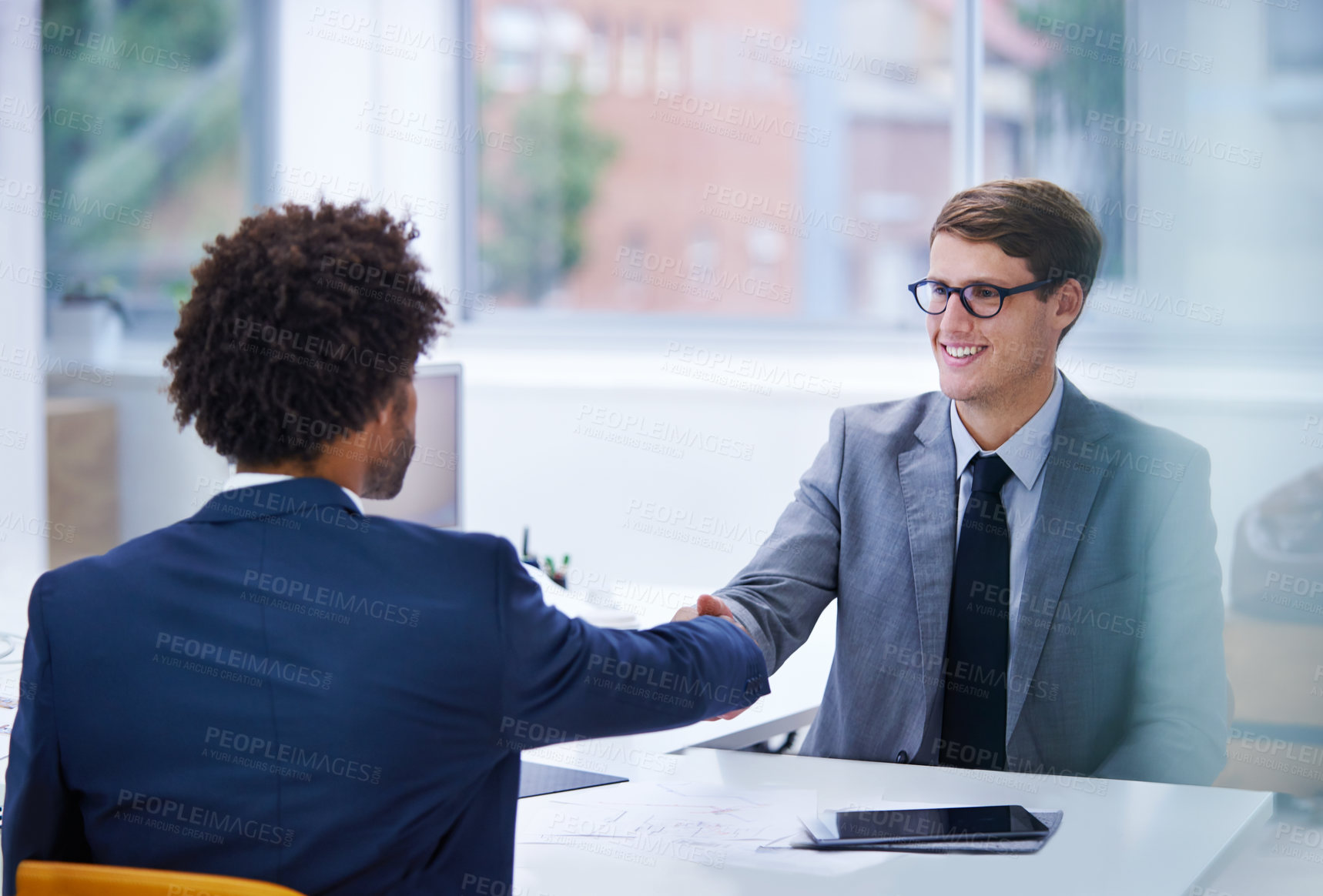 Buy stock photo Partnership, man and happy with handshake at office for welcome with congratulations on business deal. Meeting, thank you and opportunity with support or agreement for teamwork and collaboration