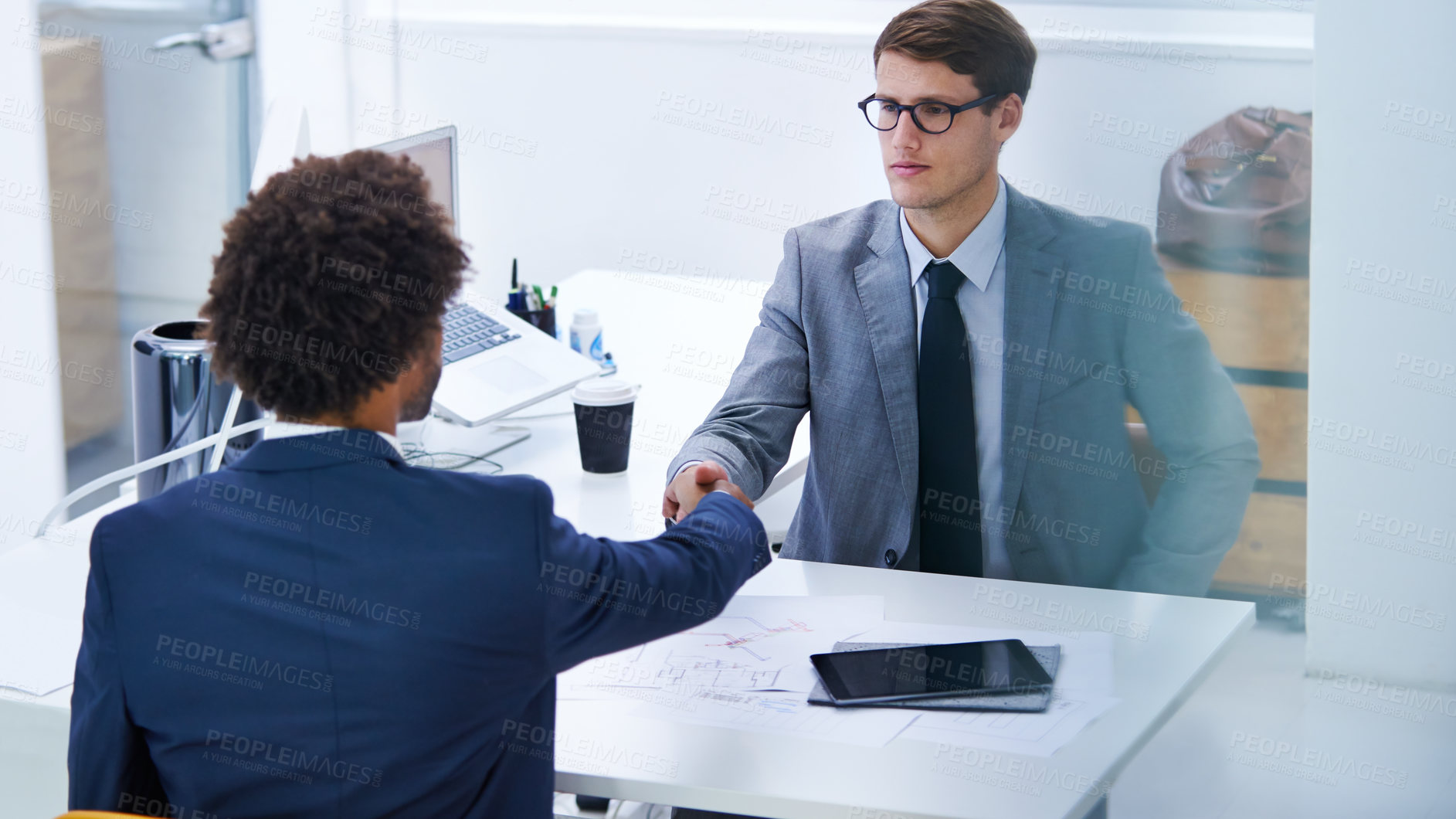 Buy stock photo Partnership, man and agreement with handshake at office for welcome with congratulations on business deal. Meeting, thank you and opportunity on support or negotiation for teamwork and collaboration