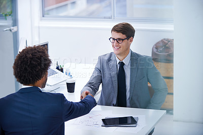 Buy stock photo Employees, man and smile with handshake at office for welcome with congratulations on business deal. Meeting, thank you and opportunity with partnership or agreement for teamwork and collaboration