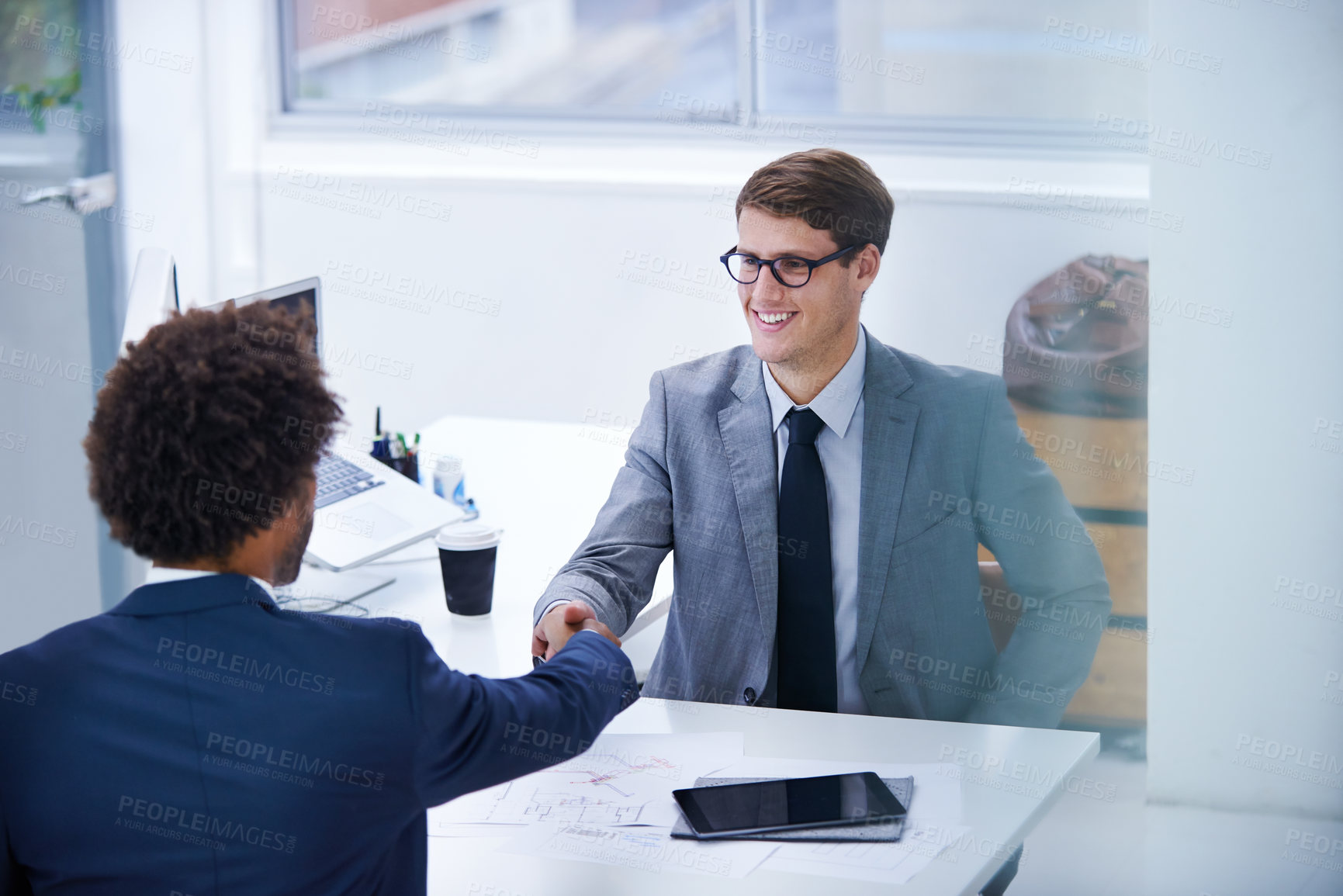 Buy stock photo Employees, man and smile with handshake at office for welcome with congratulations on business deal. Meeting, thank you and opportunity with partnership or agreement for teamwork and collaboration