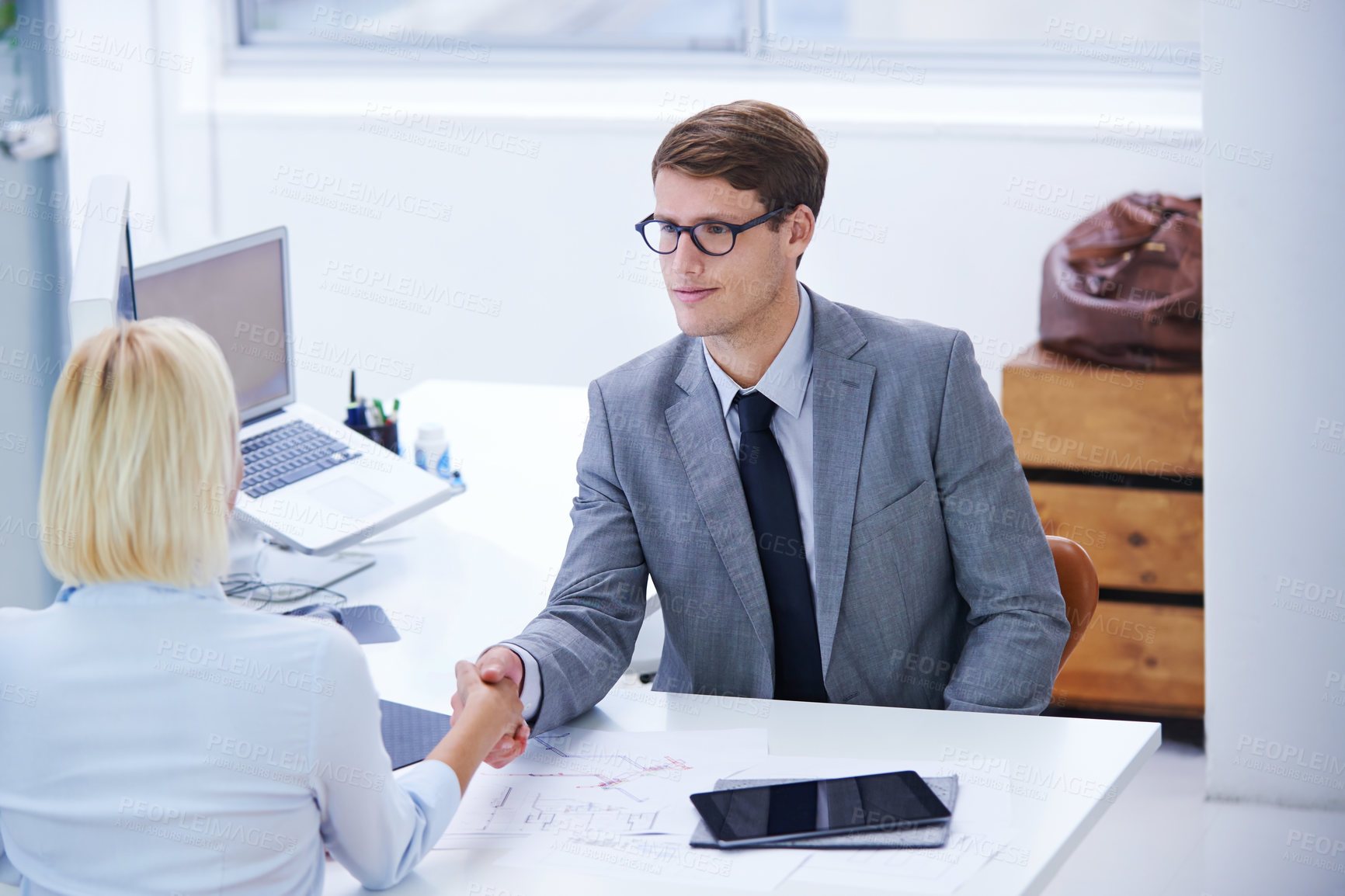 Buy stock photo Employees, people and smile with handshake at office for welcome with congratulations on business deal. Meeting, thank you and opportunity with partnership or agreement for teamwork and collaboration