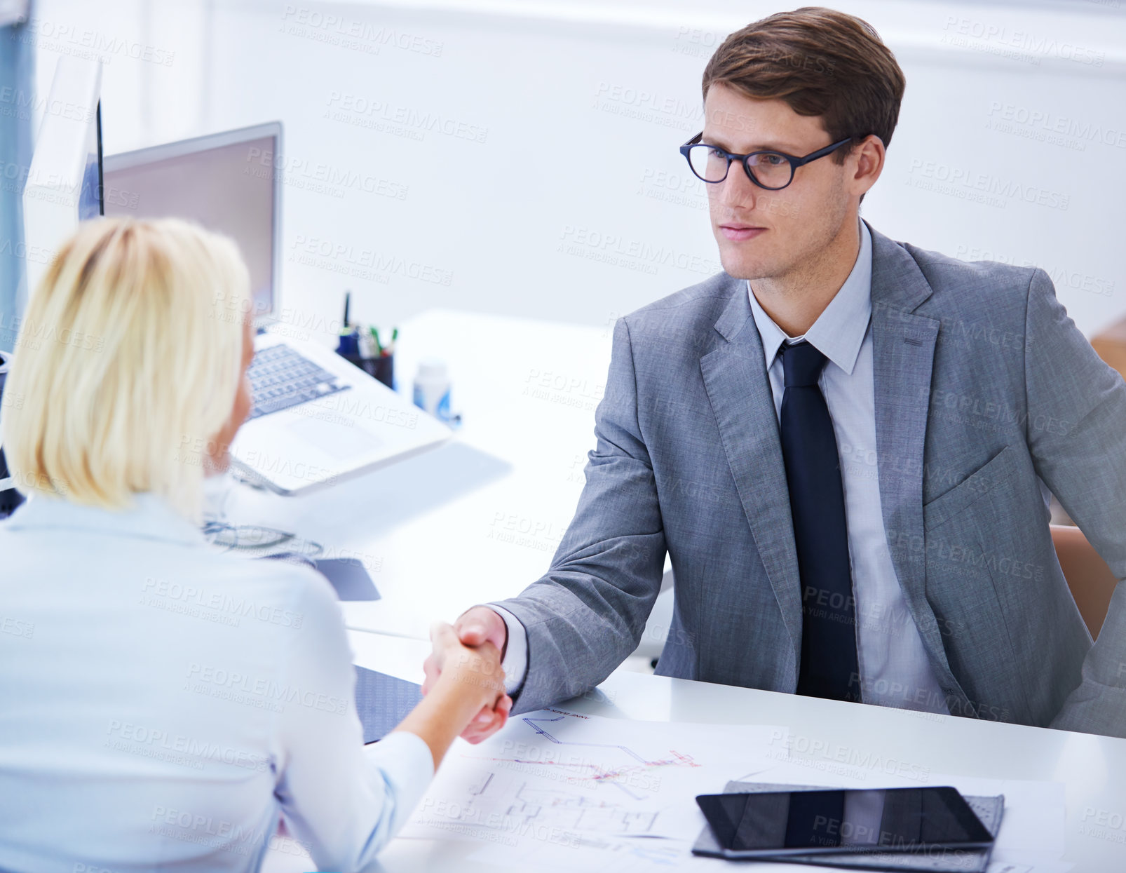 Buy stock photo Business, people and negotiation with handshake at office for welcome with congratulations on corporate deal. Meeting, smile and opportunity on partnership or agreement for teamwork and collaboration