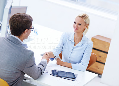 Buy stock photo Construction deal, handshake or people in partnership collaboration for building project in office. Teamwork, man and happy woman greeting man in meeting or support of contract or business together