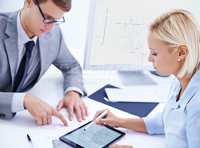 Buy stock photo Screen, architecture blueprint or business people on tablet in meeting for planning strategy or engineering project. Planner, teamwork or designers speaking of digital app, development or floor plan