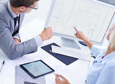 Buy stock photo Screen, architecture floor plan or architects on computer for planning, meeting or engineering project. People pointing, teamwork or designers speaking of strategy, ideas or blueprint development