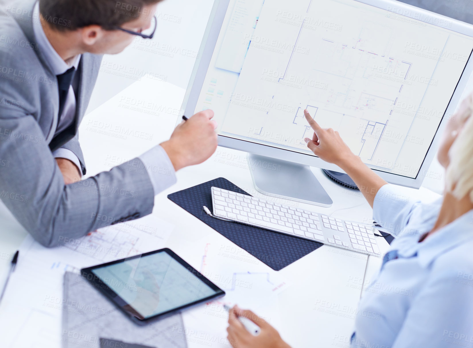 Buy stock photo Screen, architecture floor plan or architects on computer for planning, meeting or engineering project. People pointing, teamwork or designers speaking of strategy, ideas or blueprint development