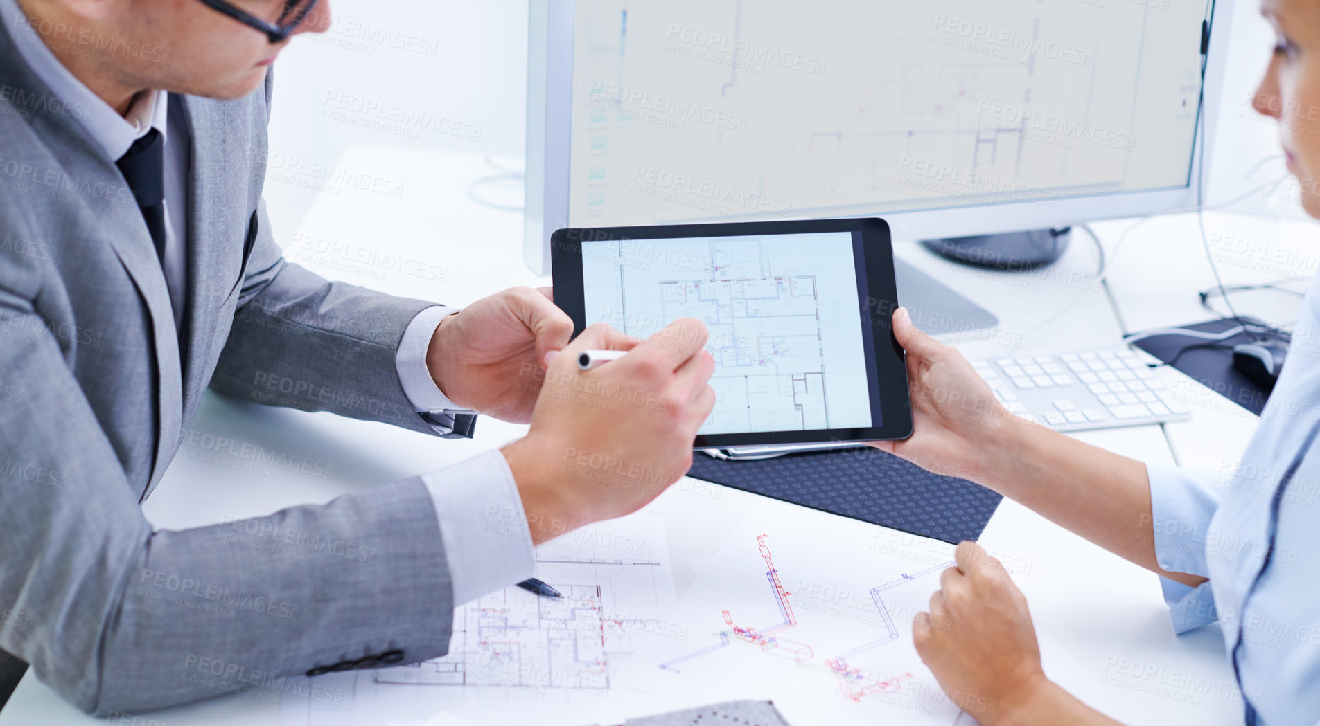 Buy stock photo Tablet, blueprint screen or hands of people planning in meeting for engineering project paper. Architecture strategy, teamwork or designers speaking of digital app, development or floor plan closeup 