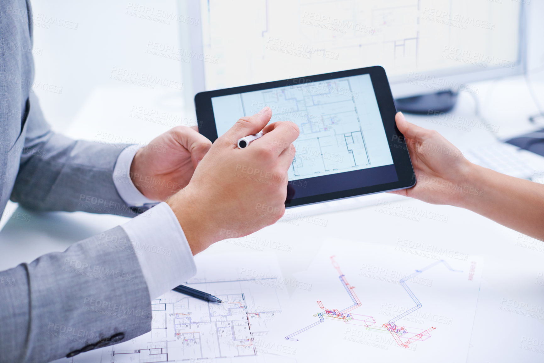 Buy stock photo Tablet, blueprint screen or hands of designers planning in meeting for engineering project paper. Architecture strategy, teamwork or technology with digital app, development or floor plan closeup 