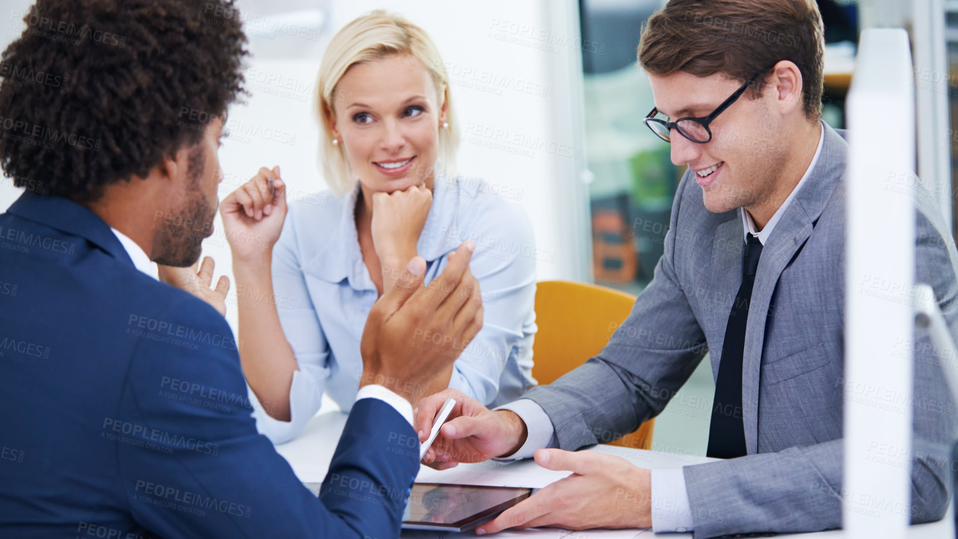 Buy stock photo Corporate, meeting or business people with tablet or legal team for court case, research or support. Happy, project or lawyers in office with attorney and advisor at law firm for review or feedback