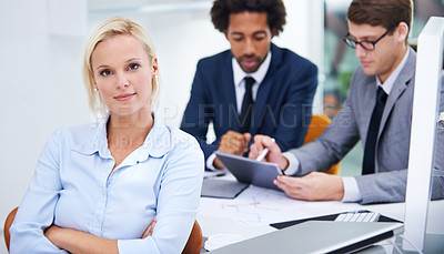 Buy stock photo Portrait, meeting or proud businesswoman with arms crossed and legal team for court case or justice. Career, coworking or female lawyer in office with attorney or confidence at law firm by colleagues