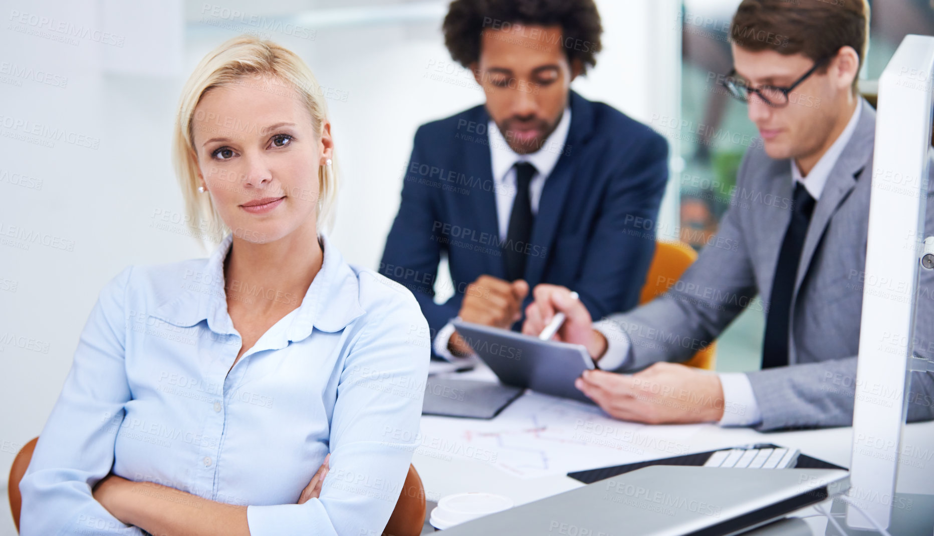 Buy stock photo Portrait, meeting or proud businesswoman with arms crossed and legal team for court case or justice. Career, coworking or female lawyer in office with attorney or confidence at law firm by colleagues