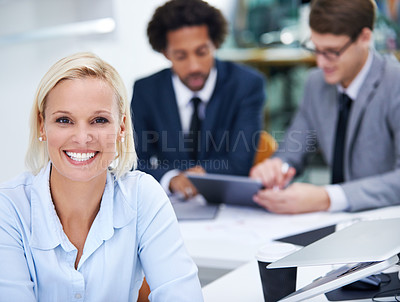 Buy stock photo Portrait, meeting or confident businesswoman with smile and legal team for court case, aid or justice. Project, coworking or happy lawyer in office with attorney and pride at law firm by colleagues