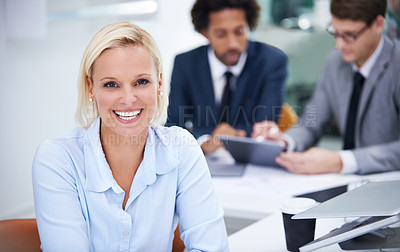 Buy stock photo Woman, portrait and accountant manager in office, broker and leader of team planning. Finance, project and tech for stock market trading in workplace, coworking and leader for accounting consulting