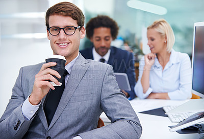 Buy stock photo Coffee, happy and portrait of businessman in office with team for financial budget discussion. Smile, glasses and male financial planner with cappuccino in morning for company investment project.