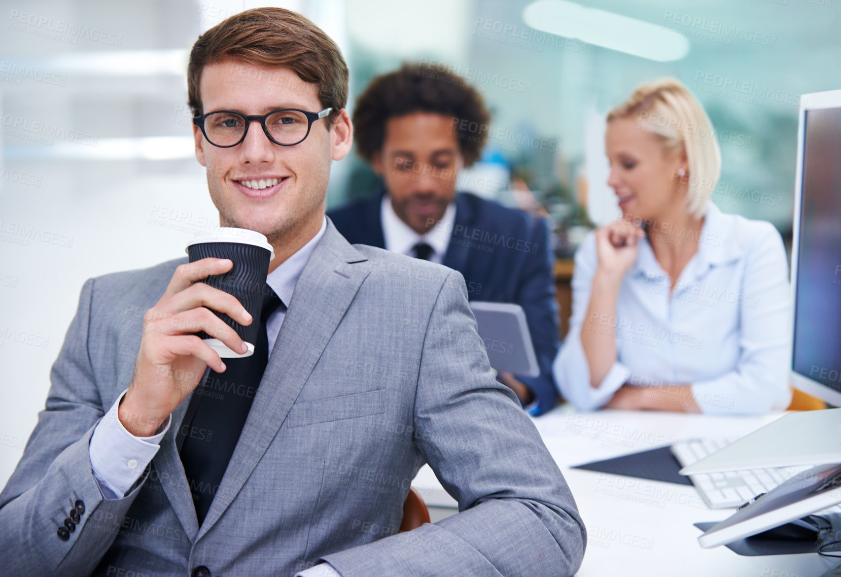 Buy stock photo Coffee, happy and portrait of businessman in office with team for financial budget discussion. Smile, glasses and male financial planner with cappuccino in morning for company investment project.