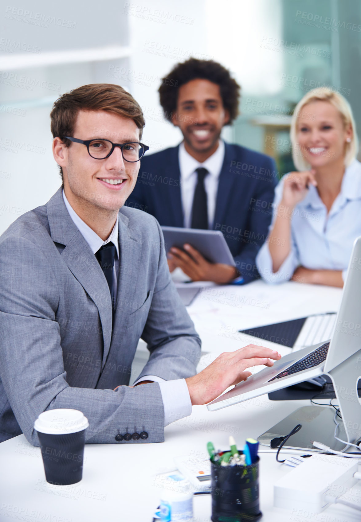 Buy stock photo Man, manager portrait and laptop for feedback meeting in office, team training and employee support. Male person, leadership and online for internship review in workplace, helping and mentor staff