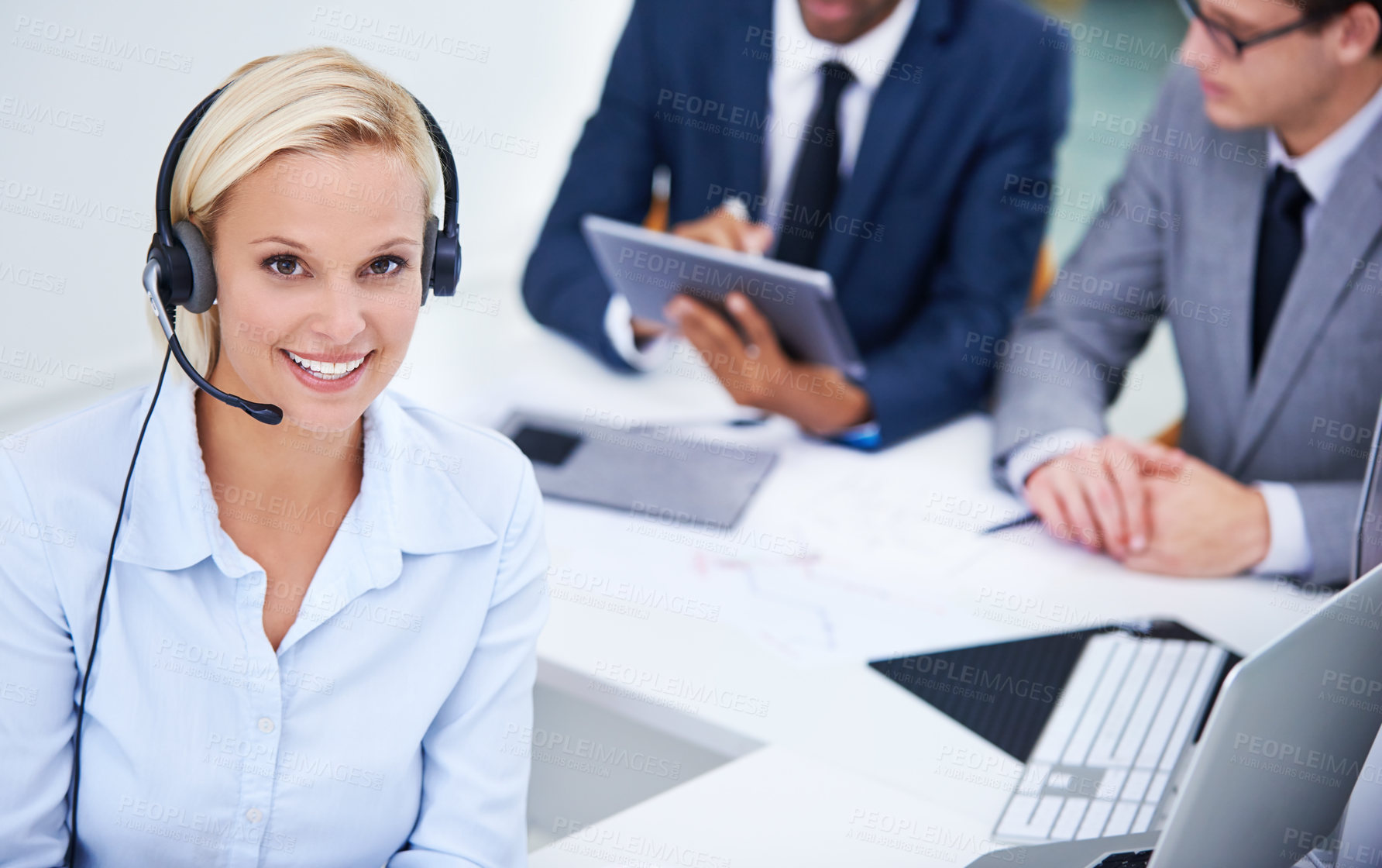 Buy stock photo Call center, happy and portrait of woman consultant in office for international customer service omnichannel. Contact us, headset and female technical support agent with global crm consultation.