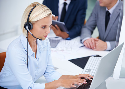 Buy stock photo Call center, communication and woman consultant in office for international customer service omnichannel. Contact us, headset and female technical support agent with online global crm consultation.