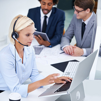 Buy stock photo Call center, contact and woman consultant in office for international customer service omnichannel. Communication, headset and female technical support agent with online global crm consultation.