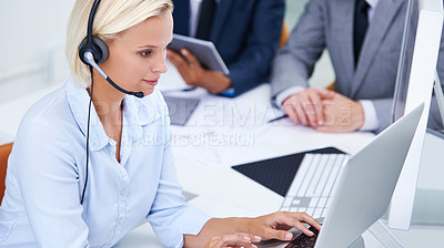 Buy stock photo Call center, laptop and woman consultant in office for international customer service omnichannel. Contact us, headset and female technical support agent with global clientele for crm consultation.