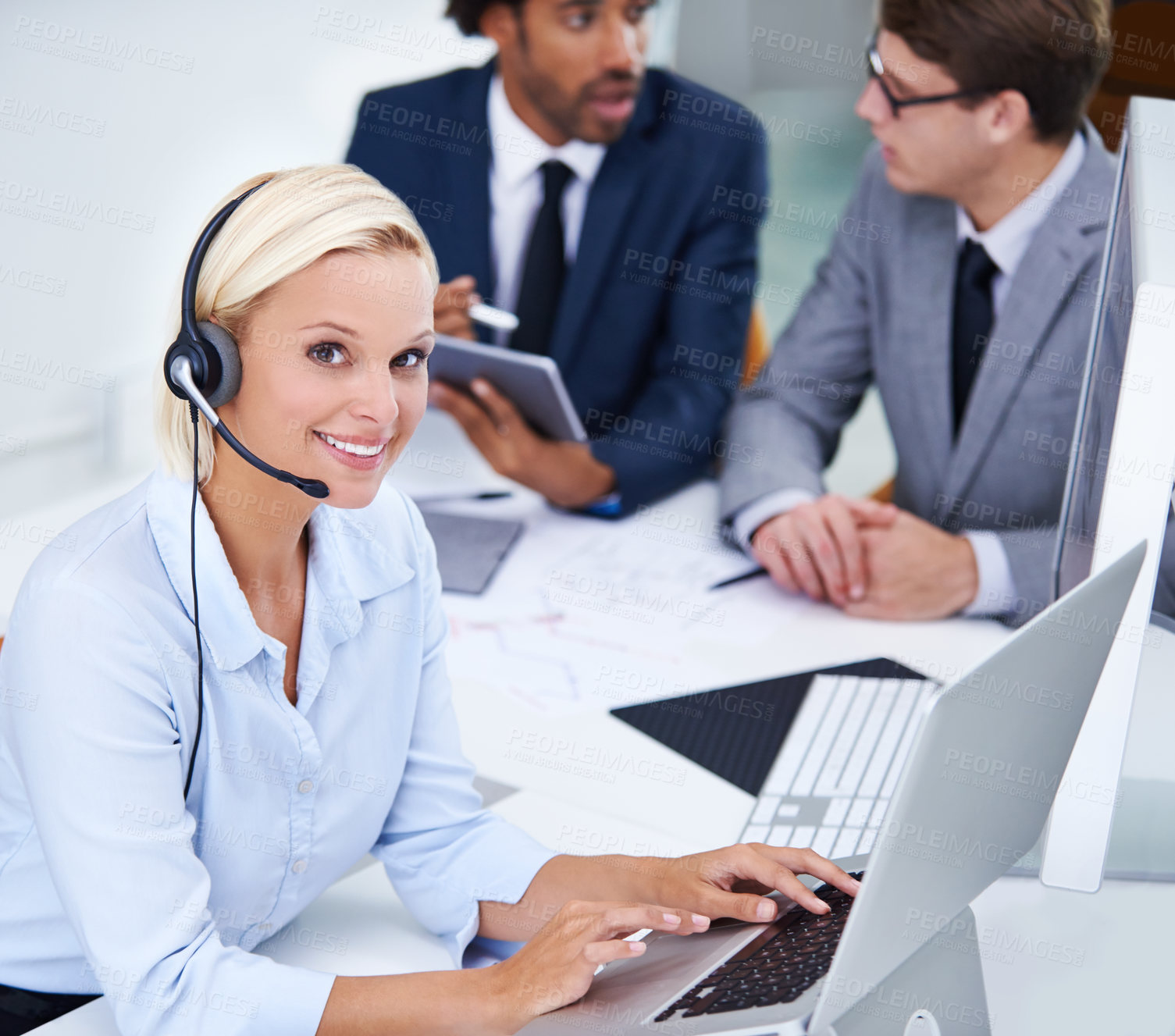 Buy stock photo Call center, smile and portrait of woman consultant in office for international customer service omnichannel. Contact us, headset and female technical support agent with global crm consultation.