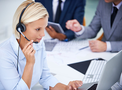 Buy stock photo Customer support, woman and laptop with headset in office for call center, service and help desk. Business agent, work and technology with mic for outbound, b2c telemarketing and reading sales info