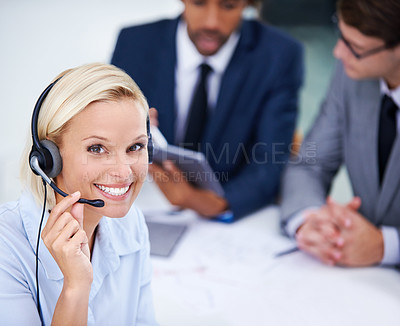 Buy stock photo Customer service, woman and portrait with headset in office for call center, support and help desk. Business agent, work and smile with technology for inbound, b2c telemarketing and sales to clients