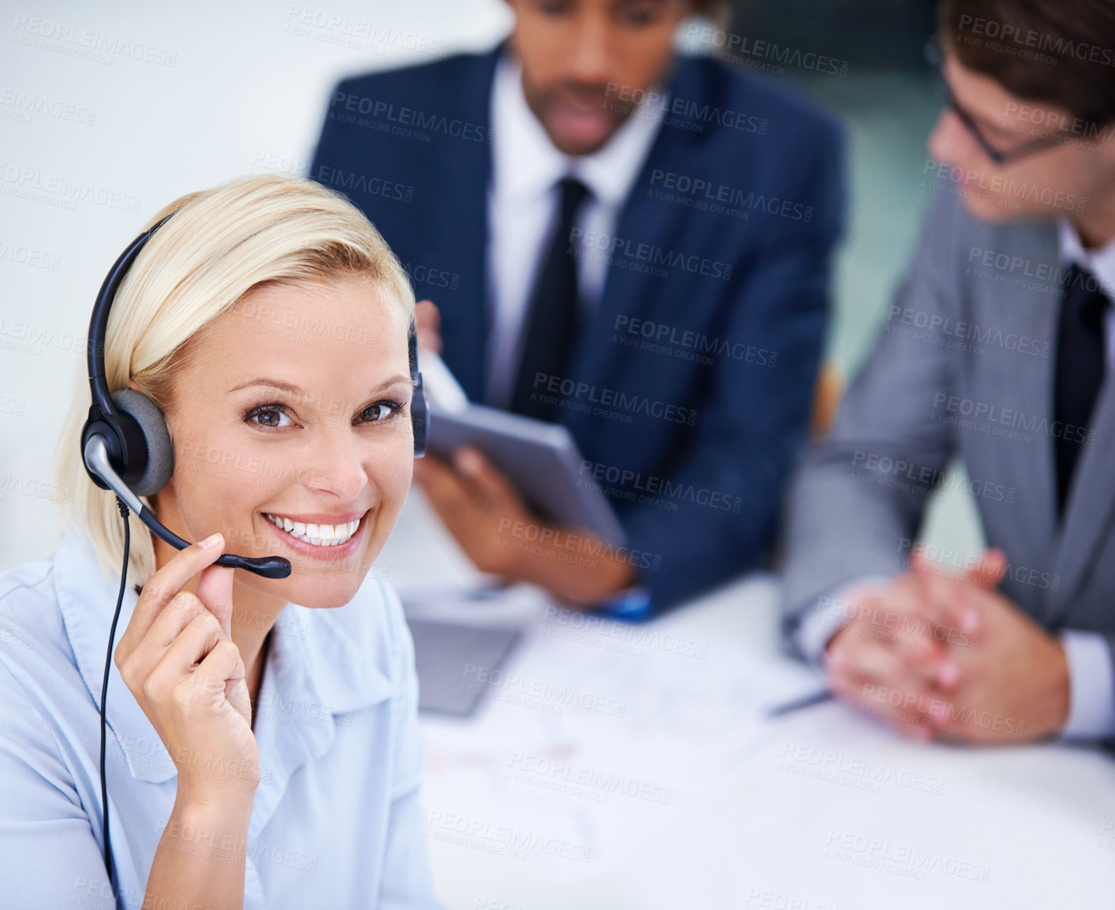 Buy stock photo Customer service, woman and portrait with headset in office for call center, support and help desk. Business agent, work and smile with technology for inbound, b2c telemarketing and sales to clients