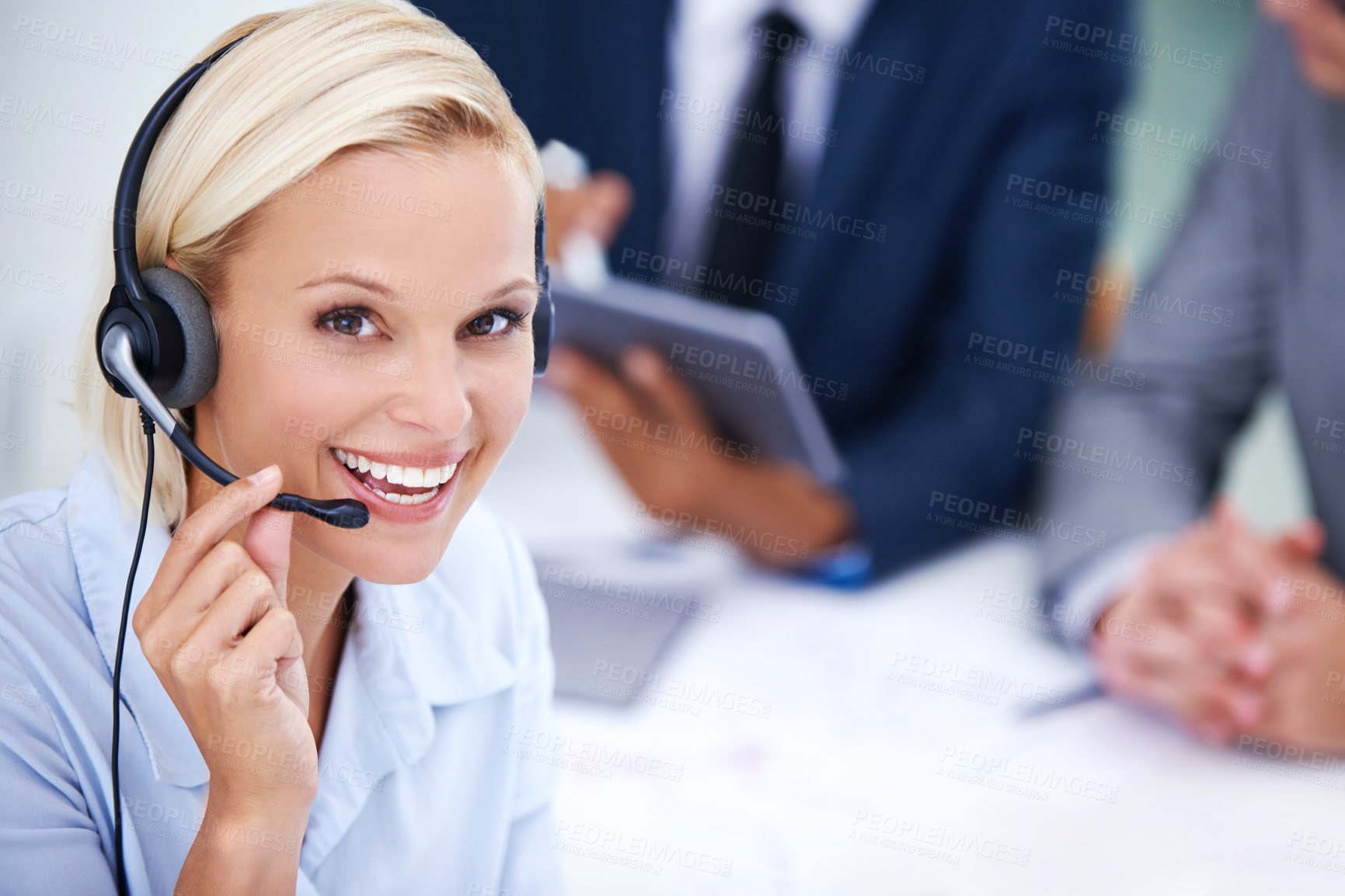 Buy stock photo Call center, woman and portrait with smile in office for customer support, service and help desk. Business agent, happy and technology with headset for outbound, b2c telemarketing or sales to clients