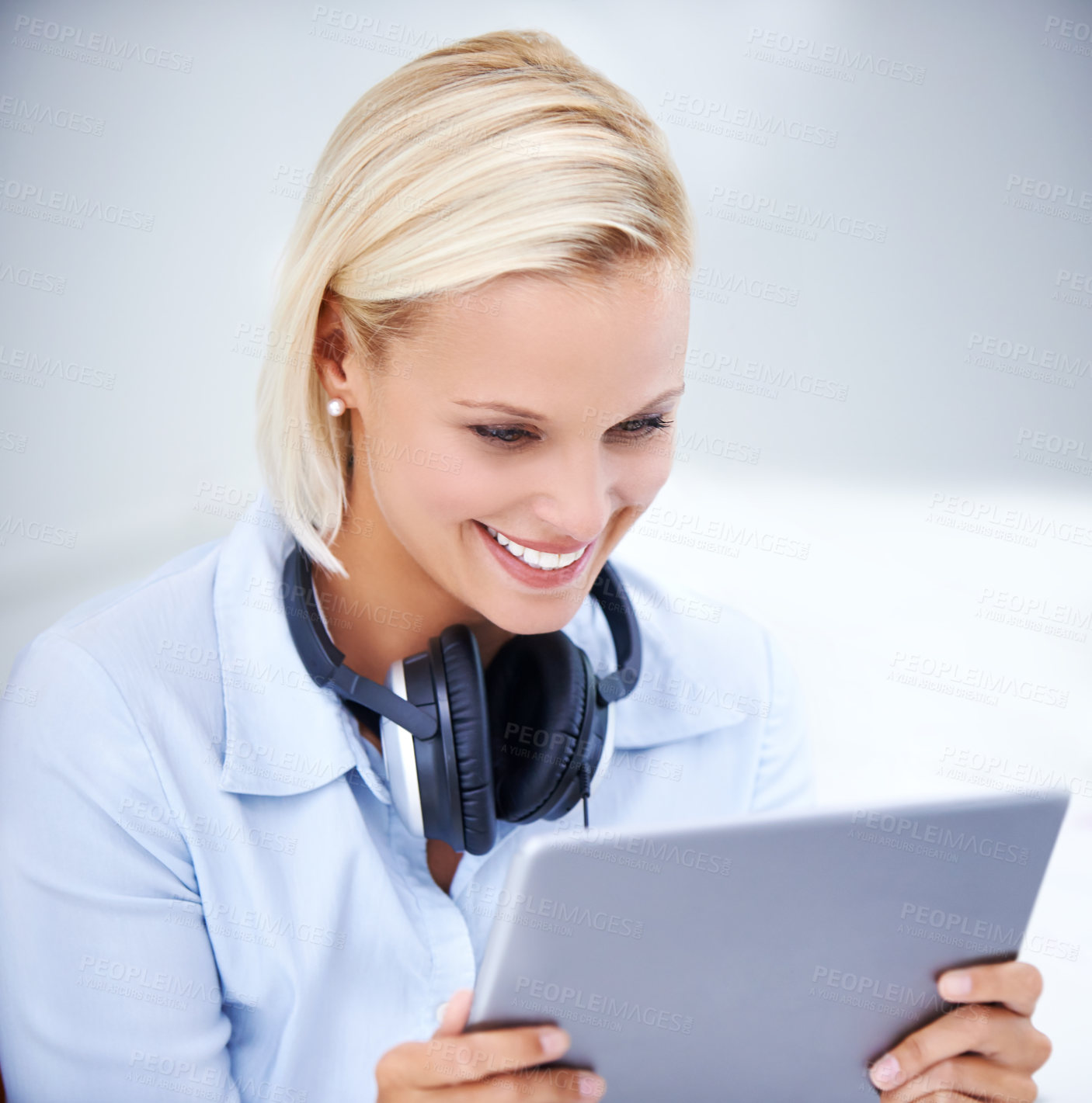 Buy stock photo Corporate woman, tablet and smile in office for research, communication or stock market investment. Lawyer, technology and people in workplace for business news, press release or law firm acquisition