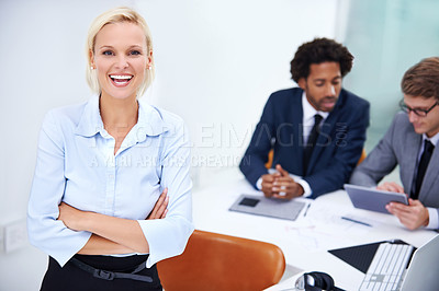 Buy stock photo Woman, arms crossed portrait and broker in office, investment banker and leader of team planning. Finance, project and tech for stock market trading in workplace, coworking and manager for accounting