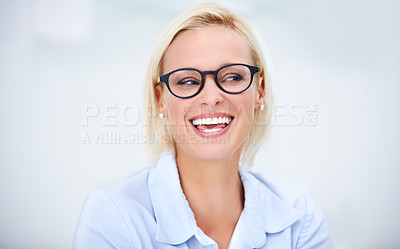 Buy stock photo Thinking, laughing and woman in office with glasses, confidence and consultant with positive attitude at law firm. Lawyer, attorney or businesswoman with smile, opportunity and career in business 