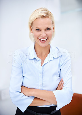 Buy stock photo Crossed arms, excited and portrait of businesswoman in office with confidence for finance career. Smile, professional and female financial broker from New York with pride for job in workplace.