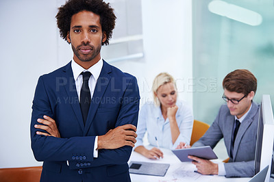 Buy stock photo Man, arms crossed portrait and accountant in office, serious broker and leader of team planning. Finance, project and tech for stock market trading in workplace, coworking and manager for accounting